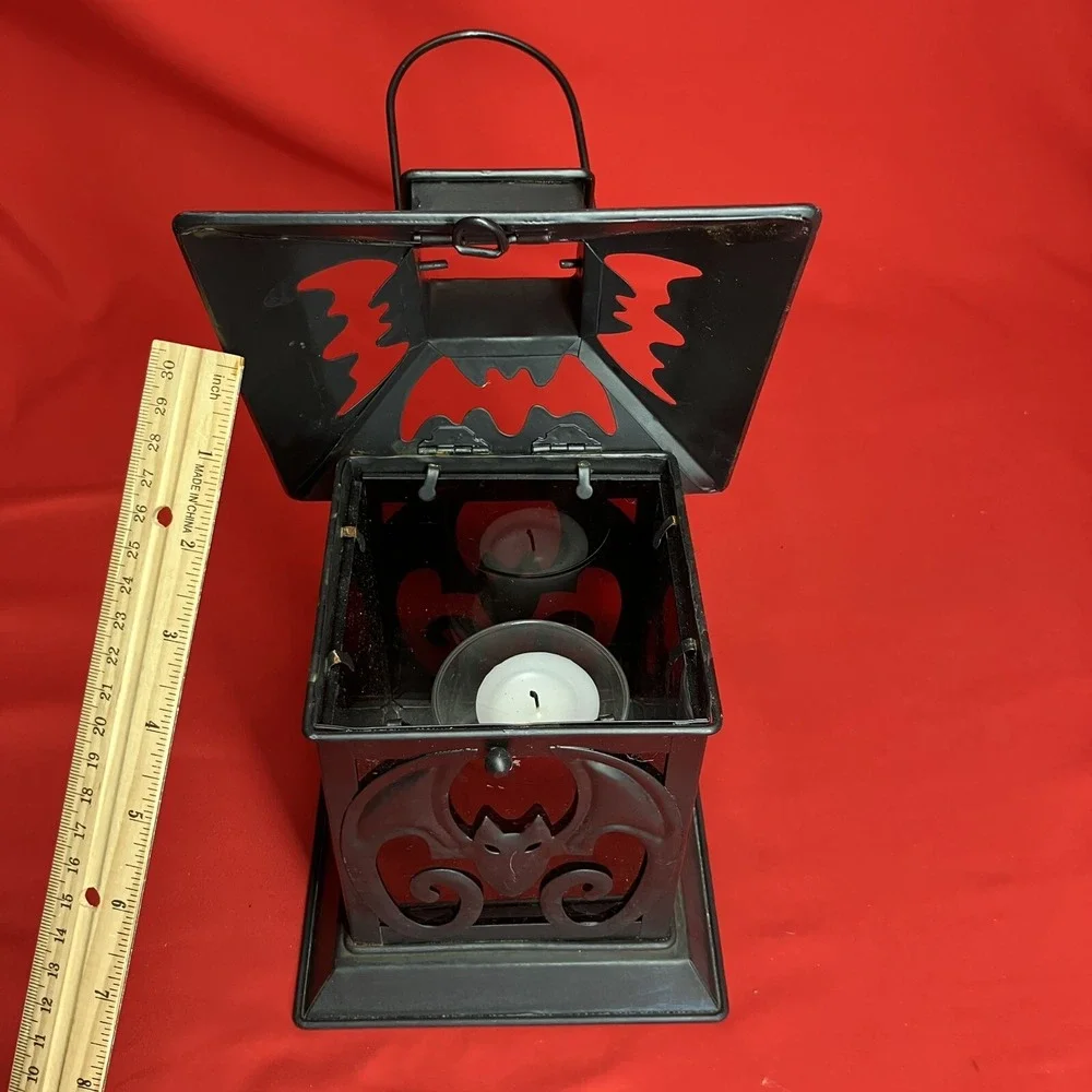 Illuminations Votive Lantern / Bats / Black Metal / Tea Light Holder / Red Glass